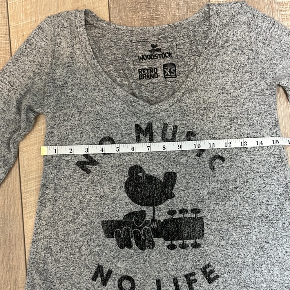 NWT Woodstock Retro Brand Long Sleeve Gray Marled Sweater No Music No Life Sz XS - Picture 12 of 12